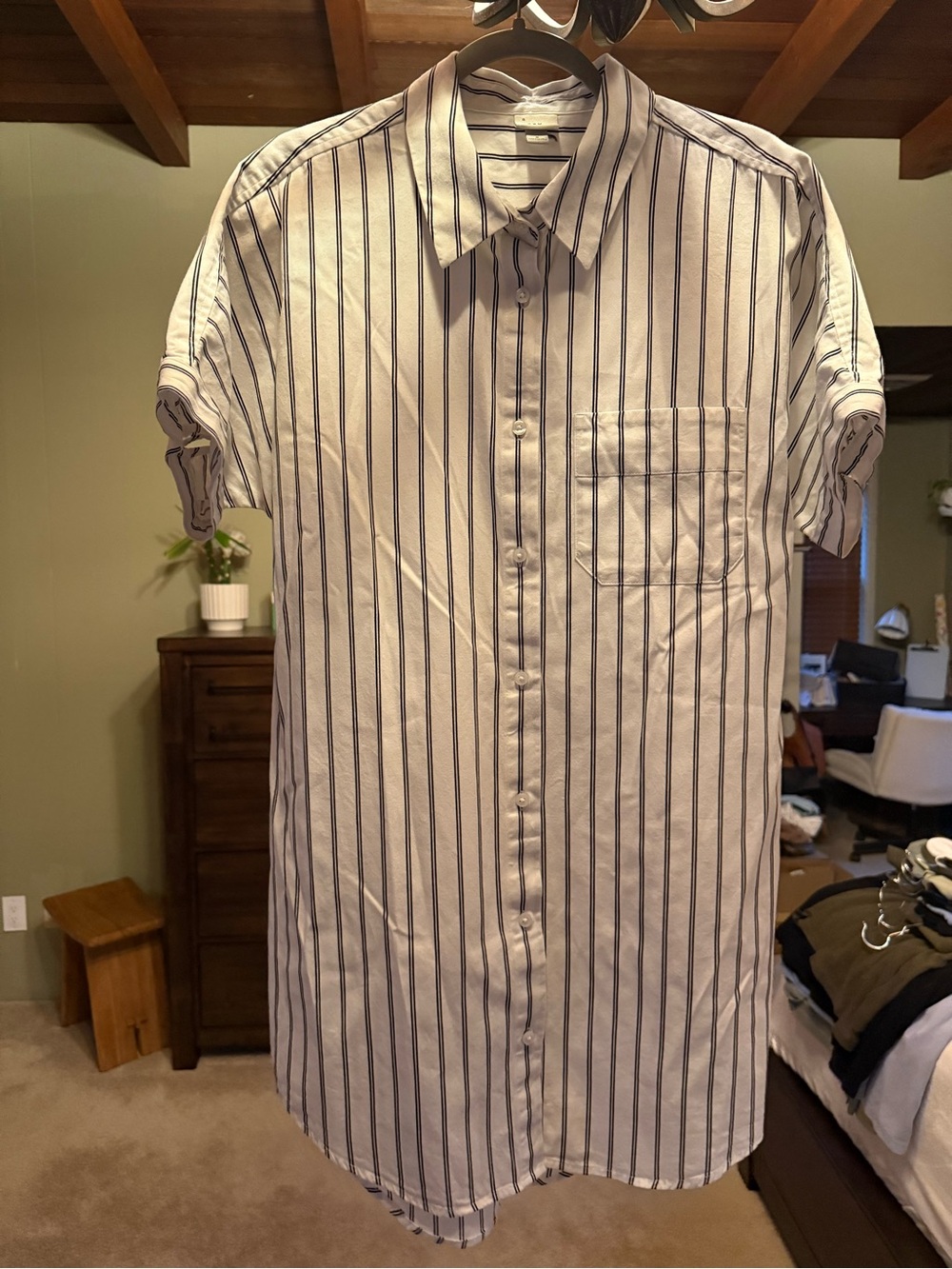 Women’s Short-Sleeve Button-Down Shirt - Dress White with Black Stripes